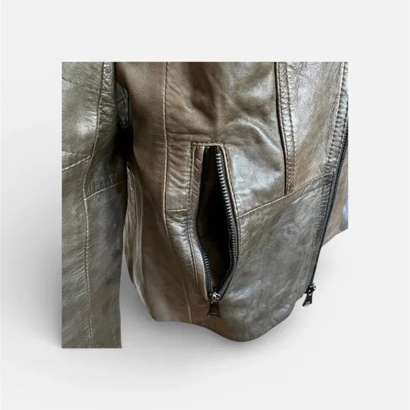 Buttery Leather Marc New York Olive Leather Moto Jacket Zip Banded Collar Medium - Picture 6 of 15